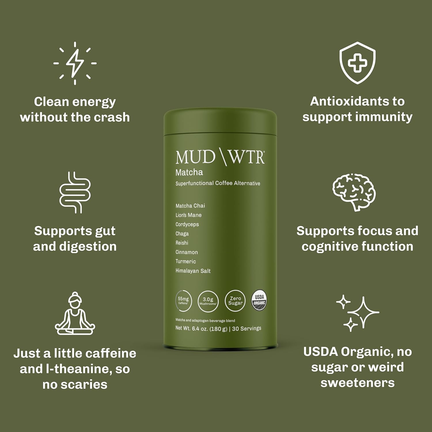 MUDWTR Mushroom Matcha Powder | 3,000mg Adaptogens for Energy & Focus