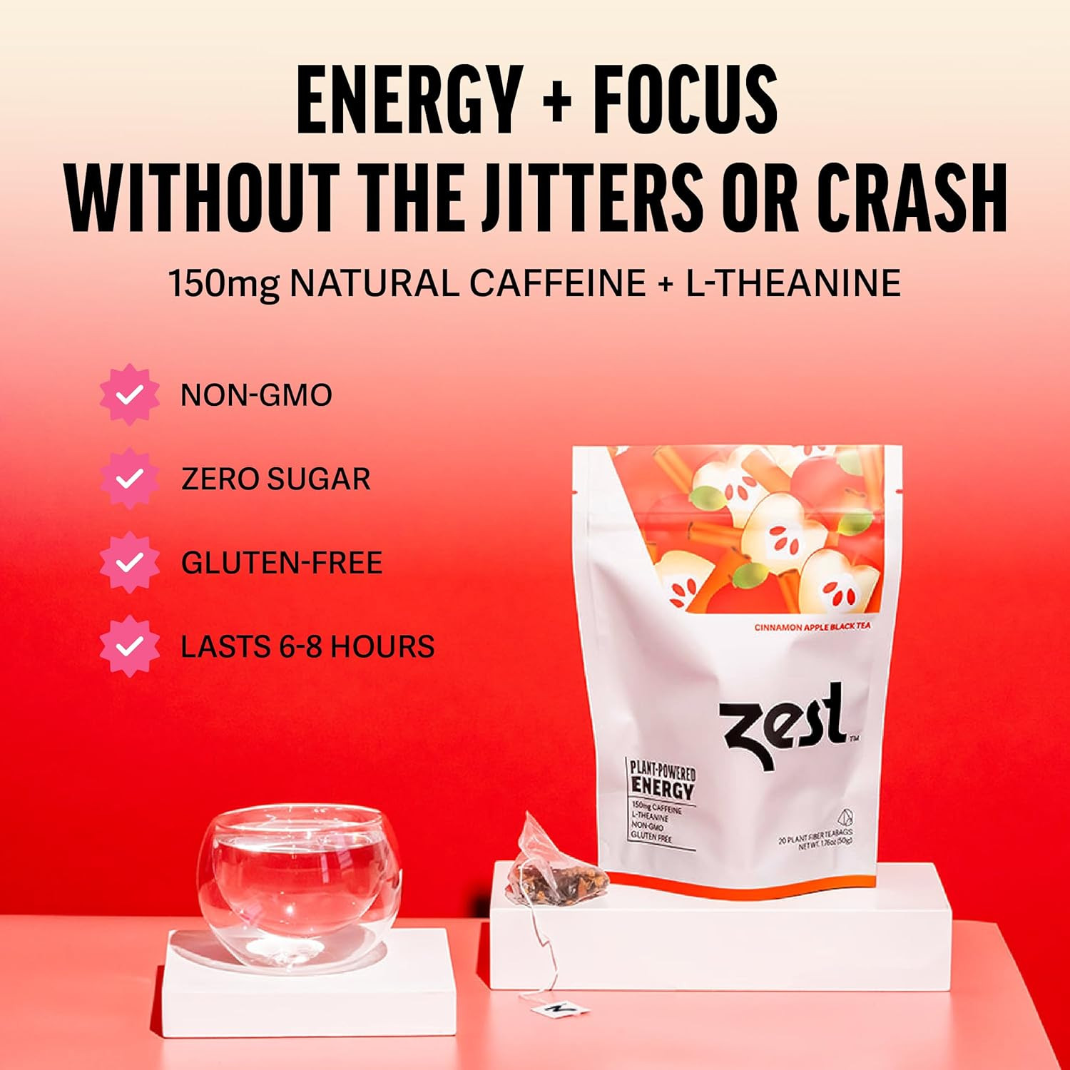 Zest Cinnamon Apple Spice Energy Tea – High Caffeine Black Tea Bags for Focus, C