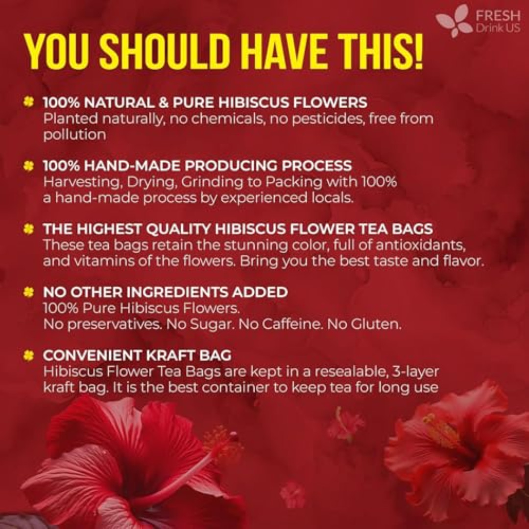 , Premium 140 Hibiscus Flowers Tea Bags, 100% Natural, Handmade & Pure from Hibi