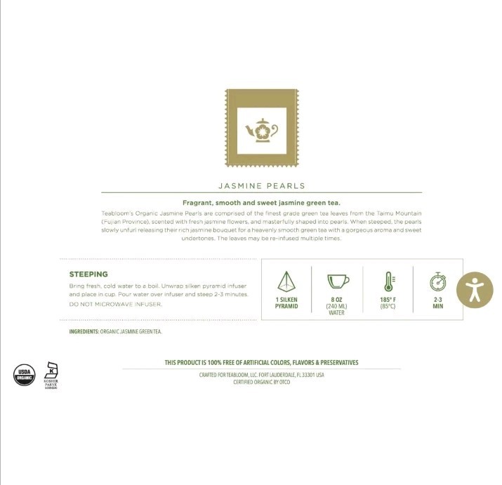 TEABLOOM Organic Jasmine Pearls 12 Premium Green Tea Pyramid Sachets