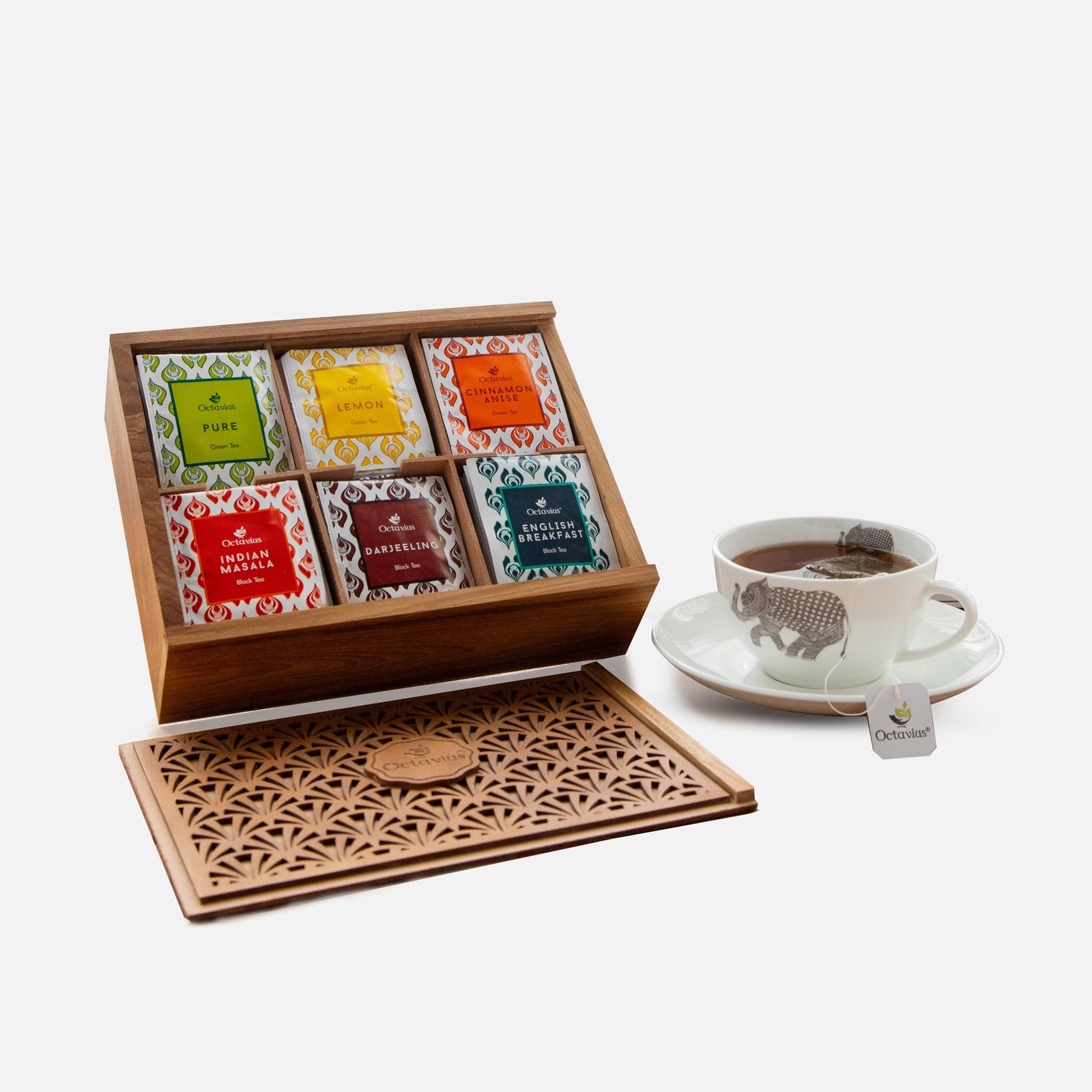 Octavius Tropical Palm Cutwork Wooden Tea Sampler Box | Premium Black & Green…