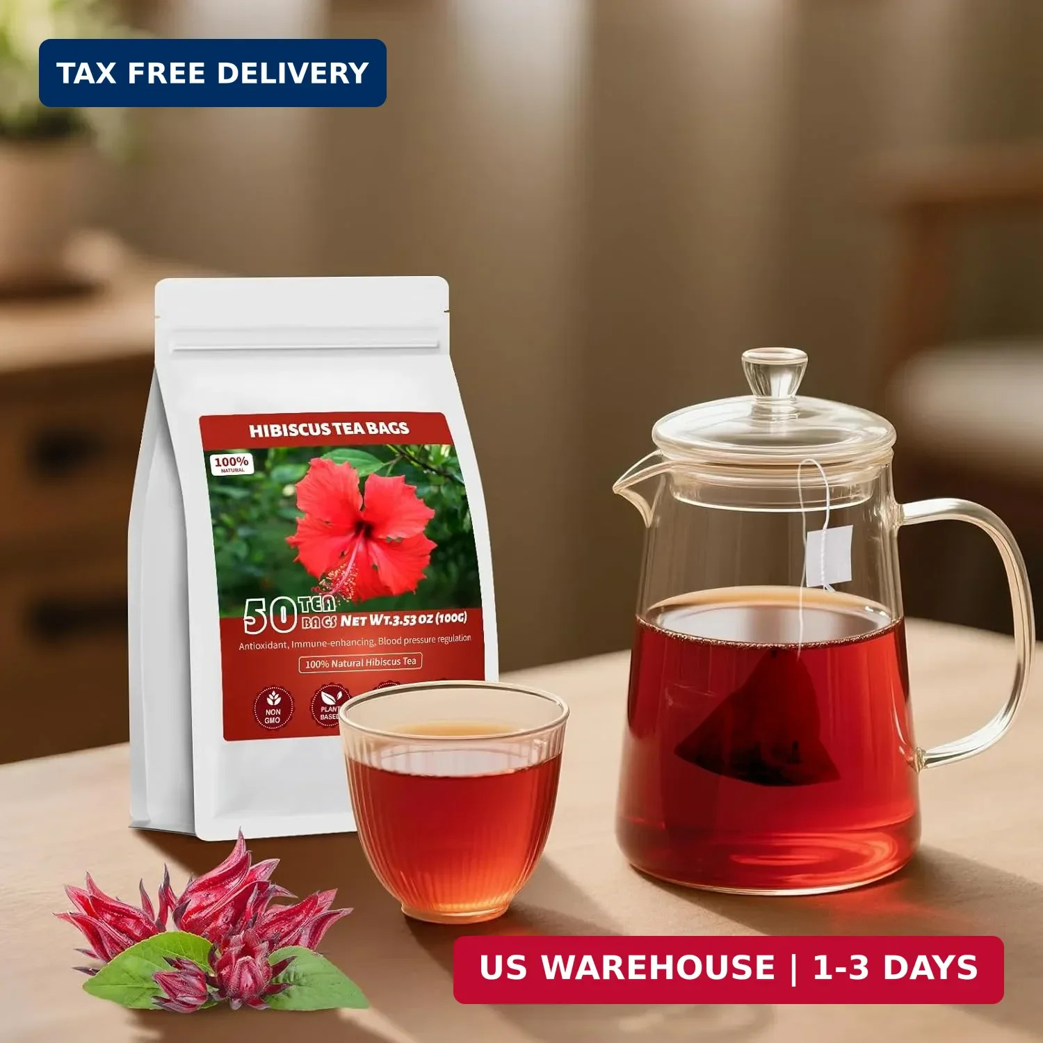 Hibiscus Tea Bags, 100% Natural Hibiscus Flowers Herbal High Blood Pressure Tea