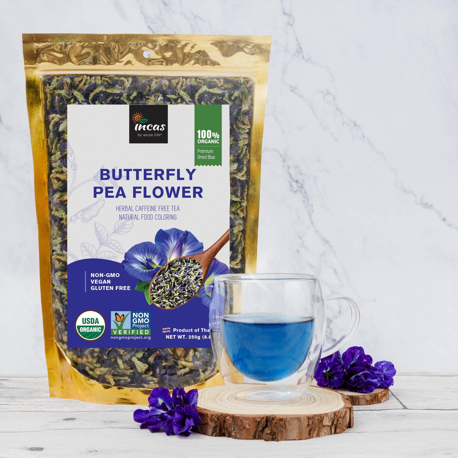 INCAS 100% USDA Organic Butterfly Pea Flower 8.82 oz 750+ Cups DIRECT FROM SO…