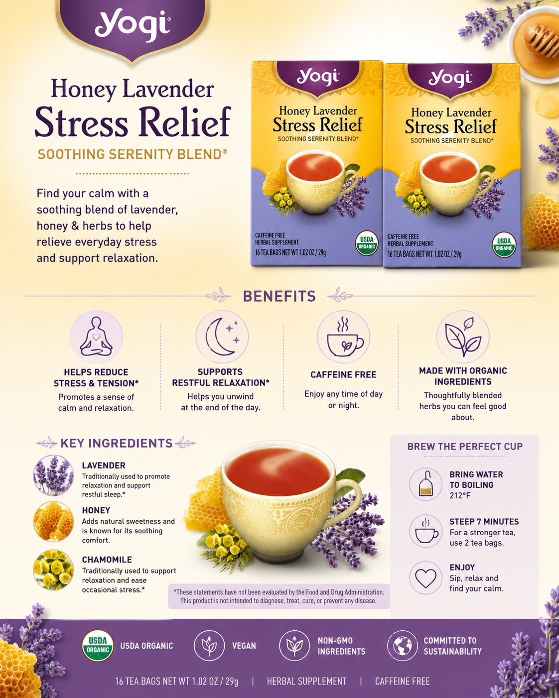 Yogi Honey Lavender Stress Relief Chamomile Herbal Tea 32 Bags (2 Boxes) Organic