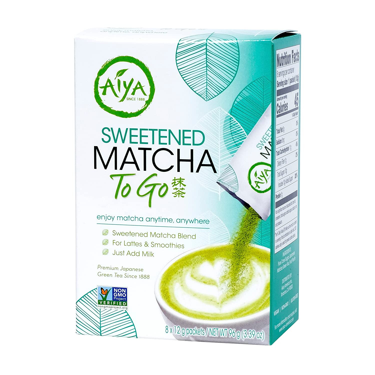 Aiya Japanese Sweetened Matcha Powder to Go Sticks – Ceremonial Grade, Vegan-Fri