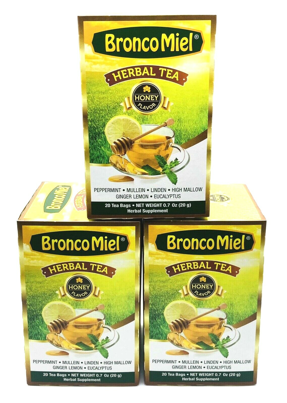 Bronco Miel Honey Herbal Tea 3 Box Bundle 20 Bags Each Eucalyptus Ginger