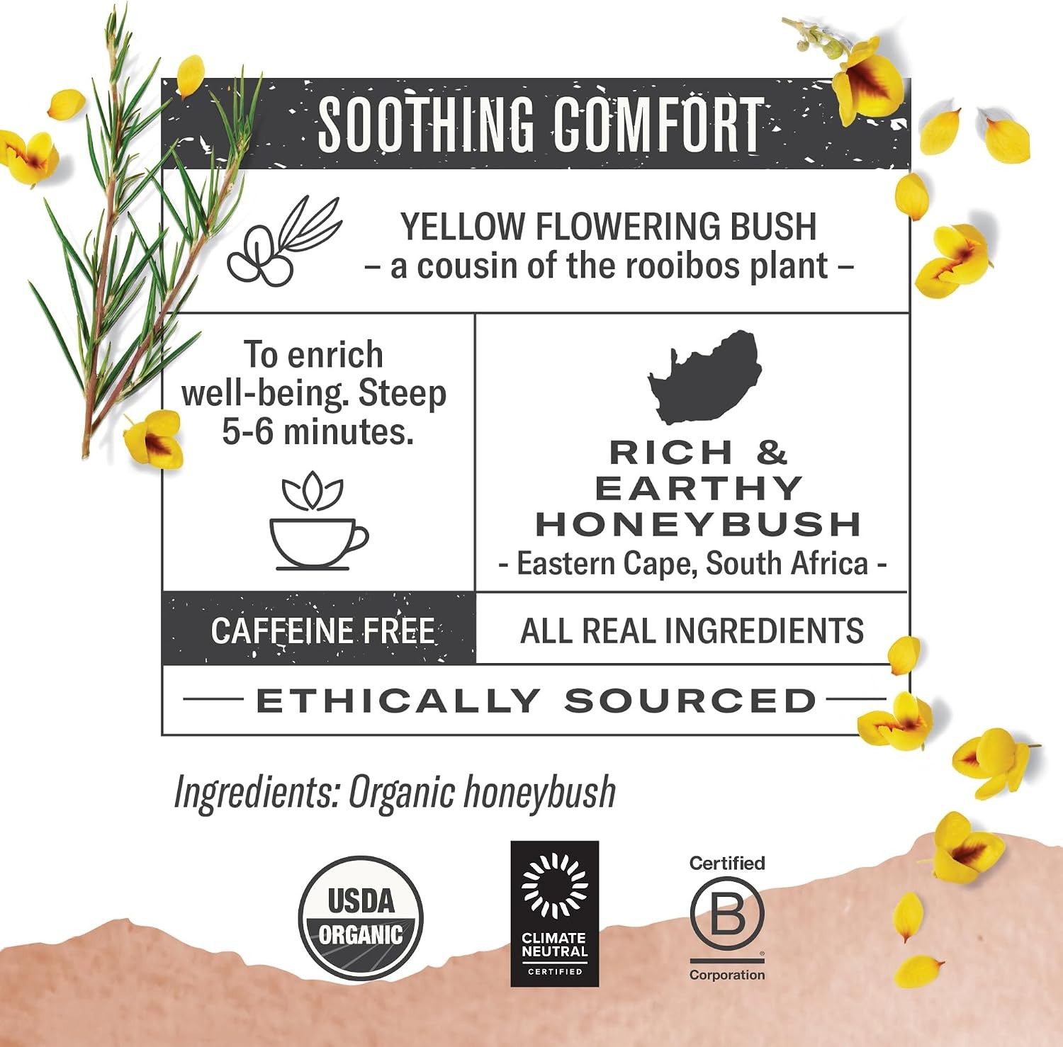 Organic Honeybush Tea, 18 Tea Bags, Sweet South African Herbal Tea, Caffeine