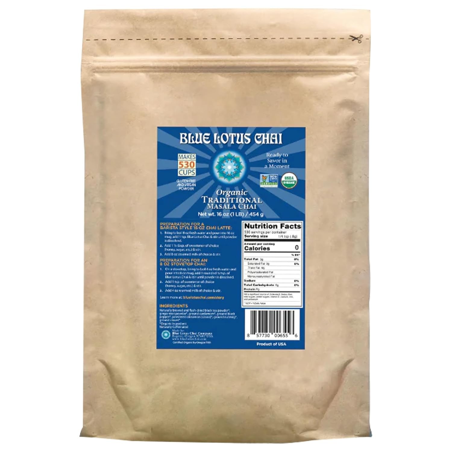 Blue Lotus Chai – Fully Organic Traditional Masala – Makes 530 Cups 1 LB