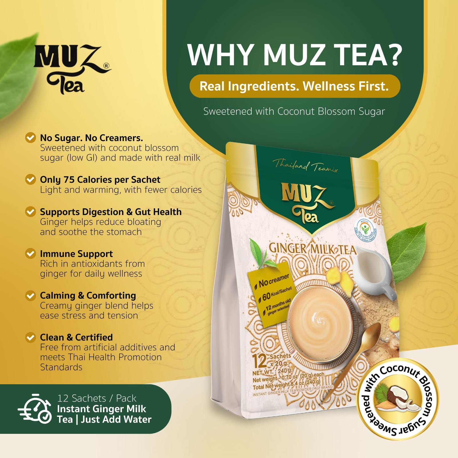 Premium Instant Ginger Tea with Real Milk, Coconut Blossom Sugar & Ginger , L…