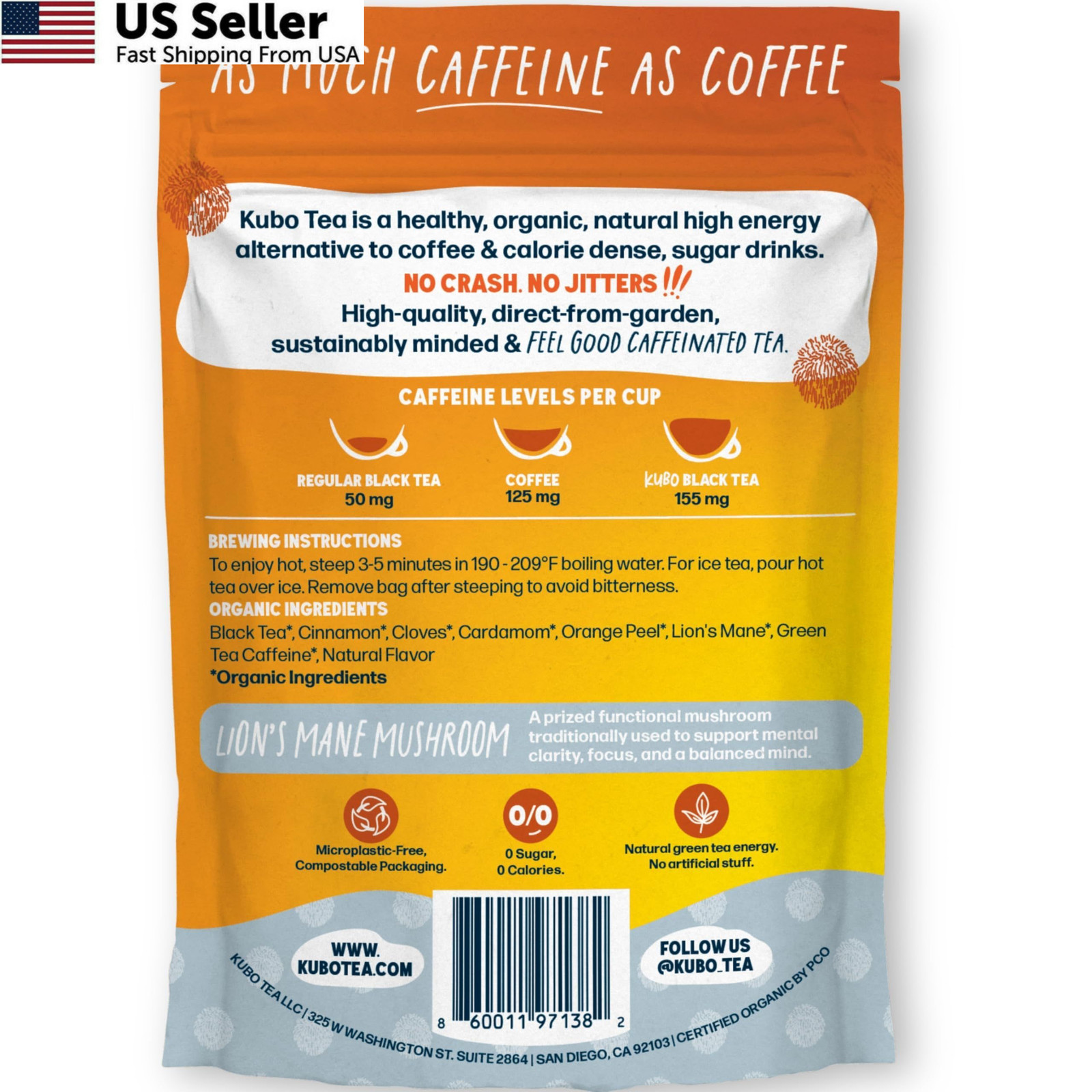 Kubo Lion’s Mane Chai Tea Bags | Organic High Caffeine (155mg) Black +…