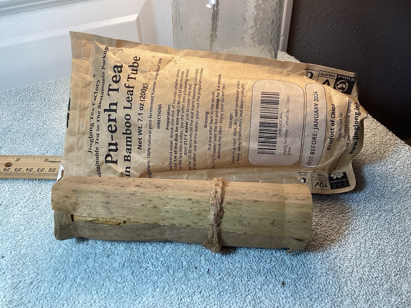 Jinglong Tea Factory Pu-erh Tea Brick Bamboo Leaf Tube Chinese Pantry 200g