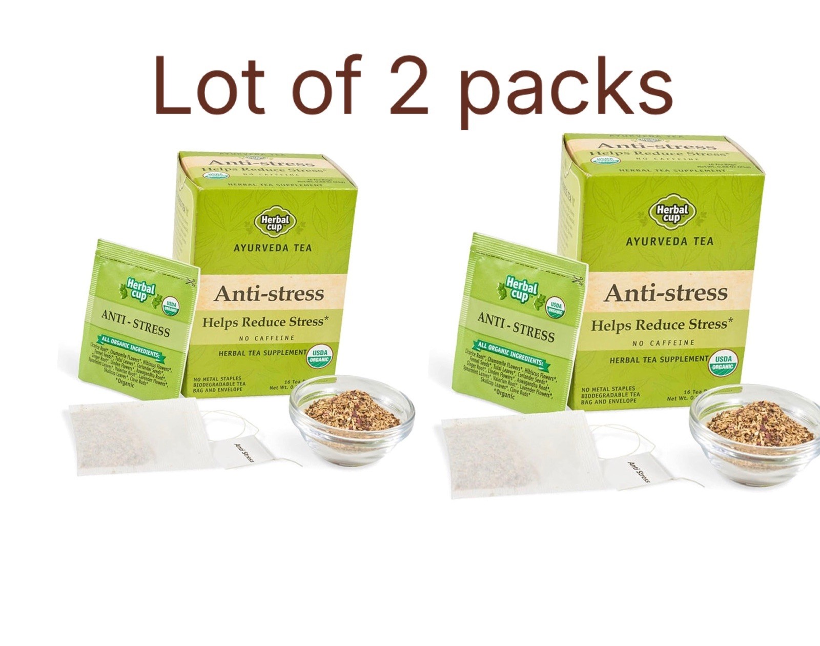 Lot Of 2’ Herbal Cup Ayurveda Tea Organic Anti-Stress No Caffeine Herbal Tea