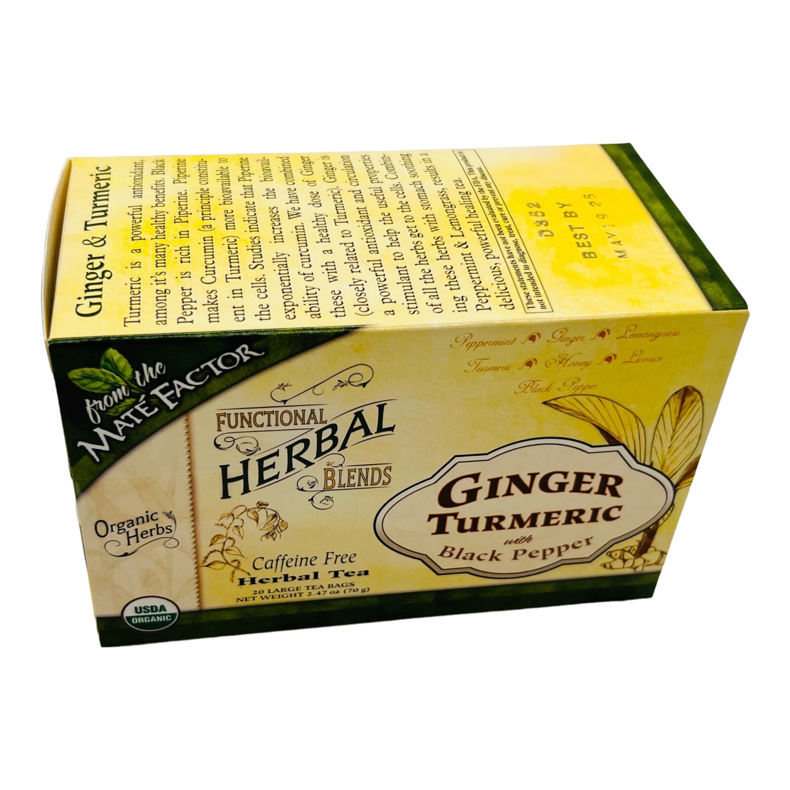 Mate Factor Herbal Tea Ginger & Turmeric with Black Pepper Blend 20 Bags 05/25