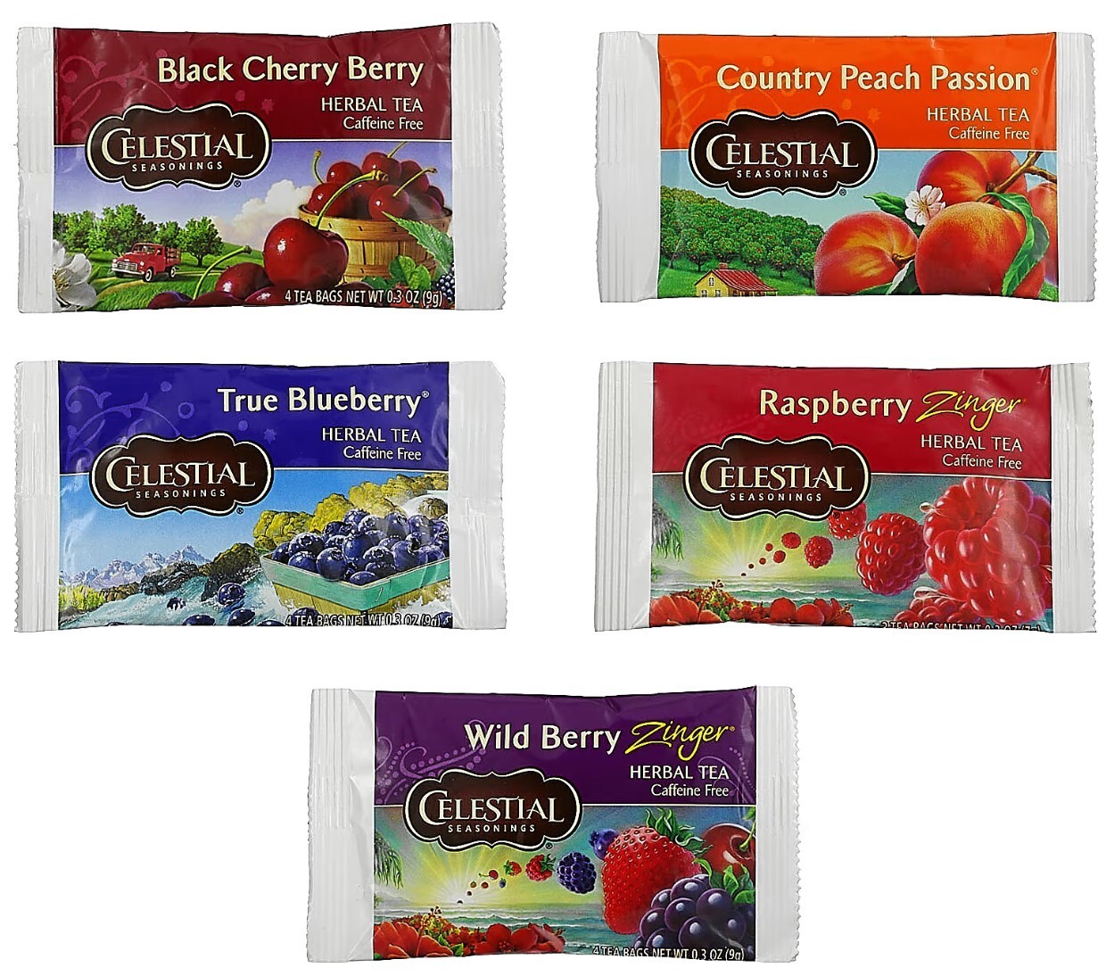 8 PACK – Celestial Fruit Tea Sampler, Caffeine Free, 5 Flavors, 18 Tea Bags EACH