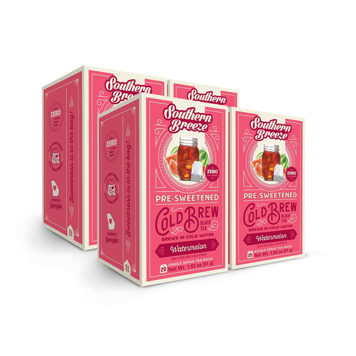 Southern Breeze Watermelon Cold Brew Sweet Tea Pack of 4 Zero Sugar 20 Bags