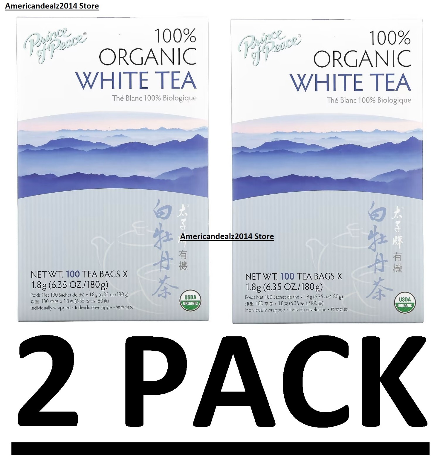 200 Tea Bags Prince of Peace 100% Organic White Tea 100 in Each Box