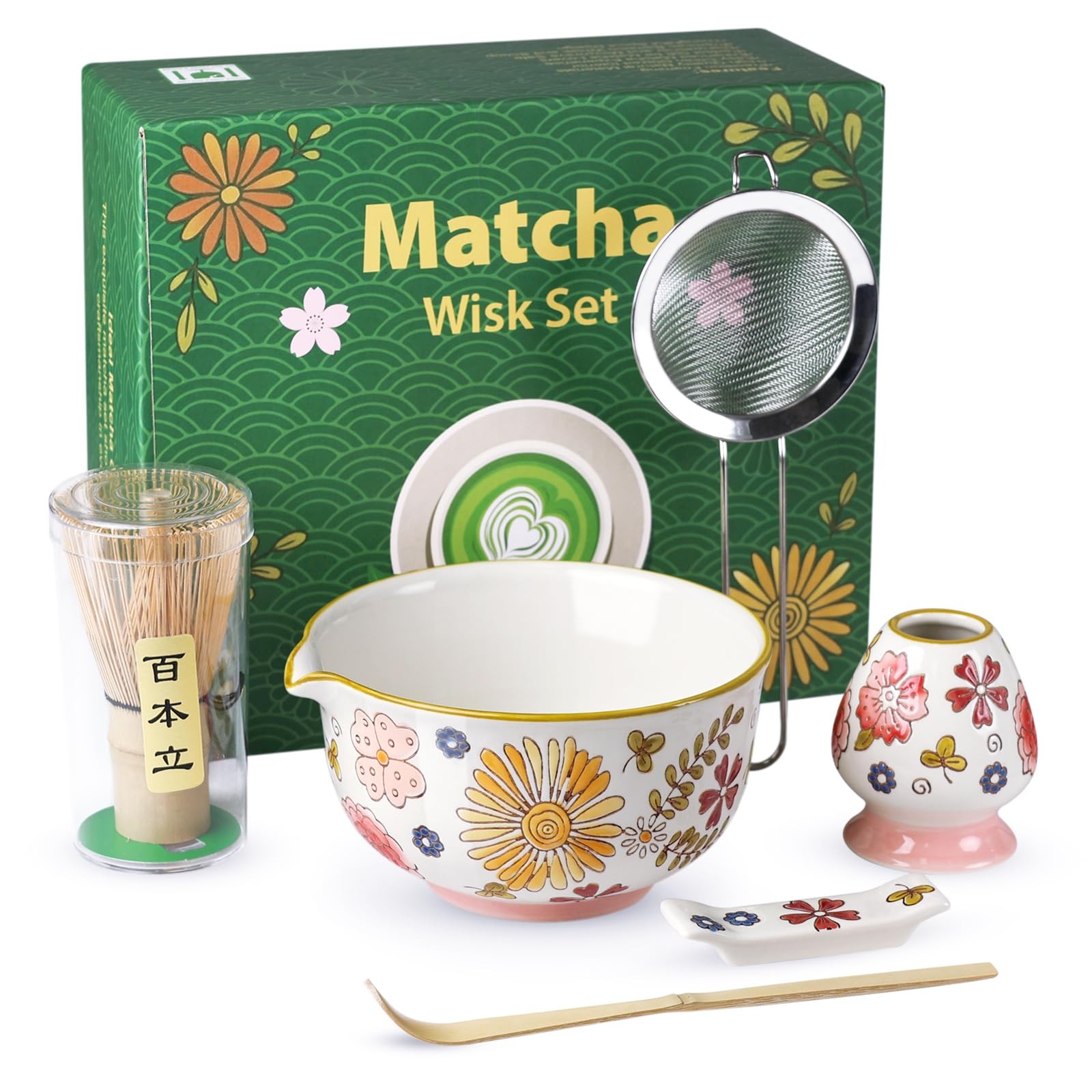 Hand-Painted Floral Matcha Ceremony Set 6 PCS Whisk Bowl Holder Scoop Rest