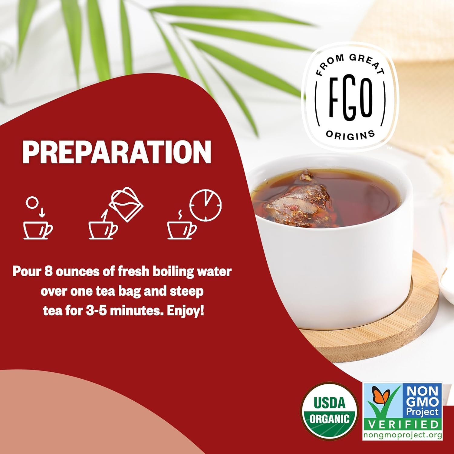 FGO Organic Rooibos Herbal Tea Bags, Caffeine Free, Eco Tea Bags, 100 ct