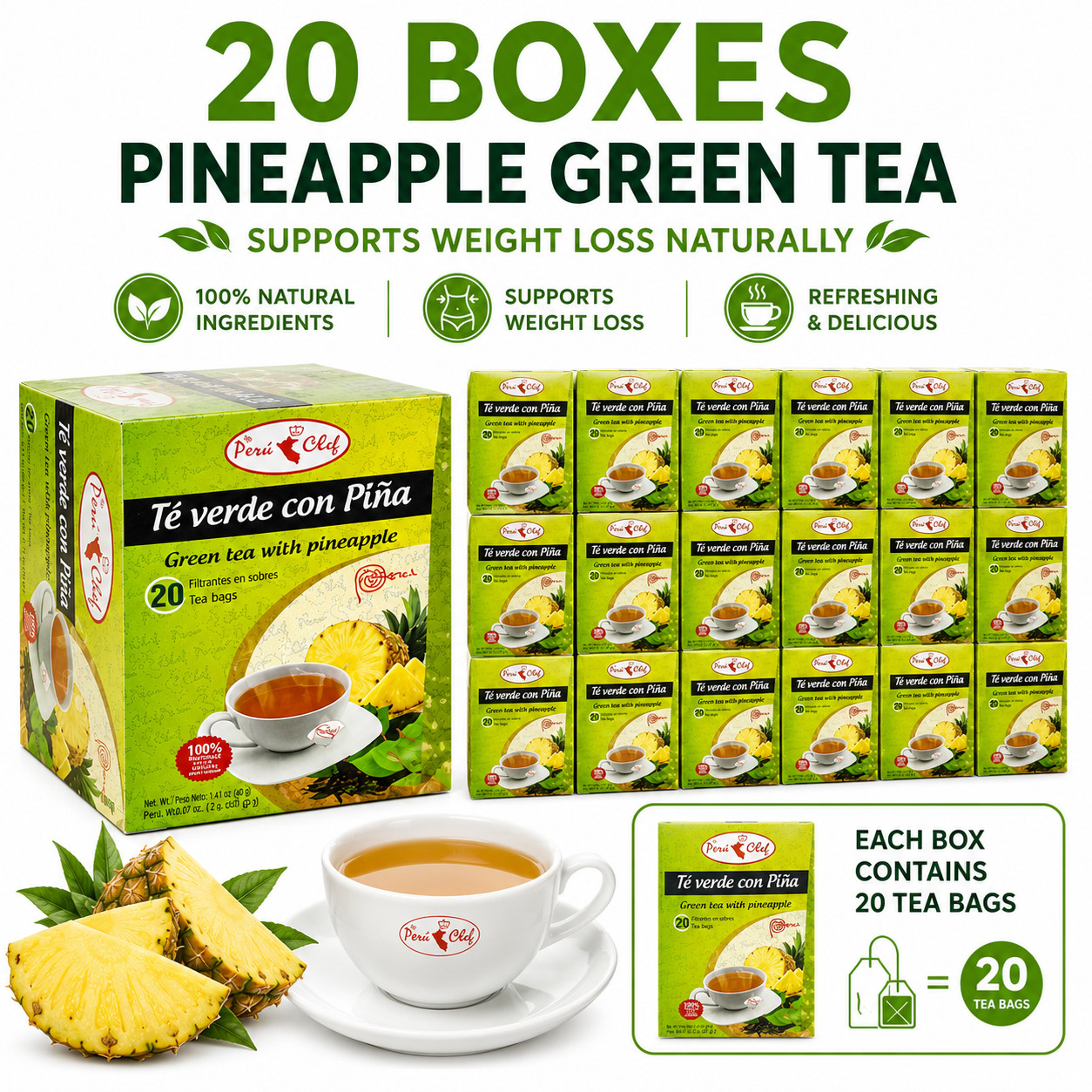 Pineapple Green Tea 20 Boxes Pack | 400 Total Tea Bags | Natural Green Tea with