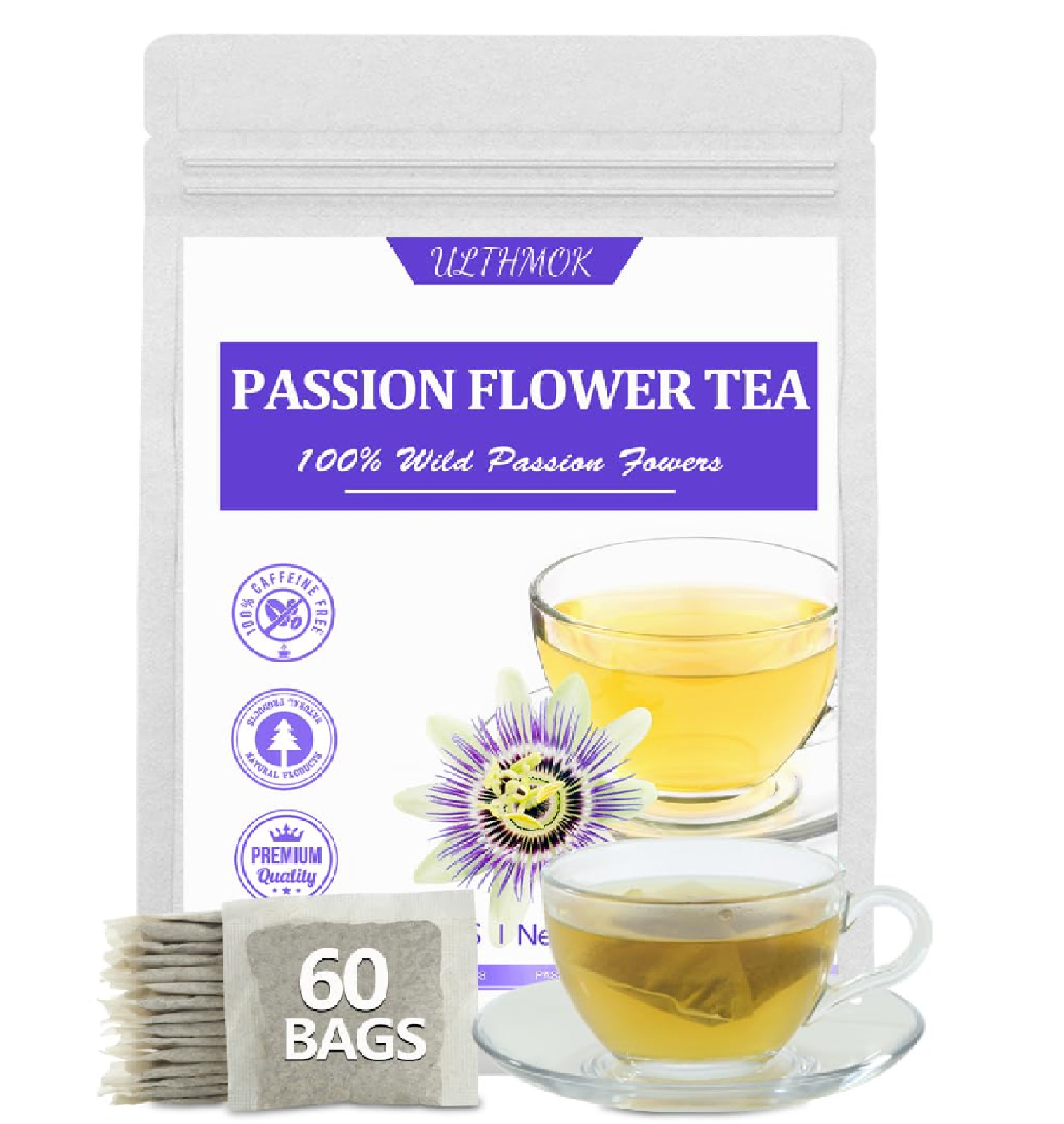 60 Premium Passion Flower Tea Bags, Made with 100% Natural Passionflower Leaves,