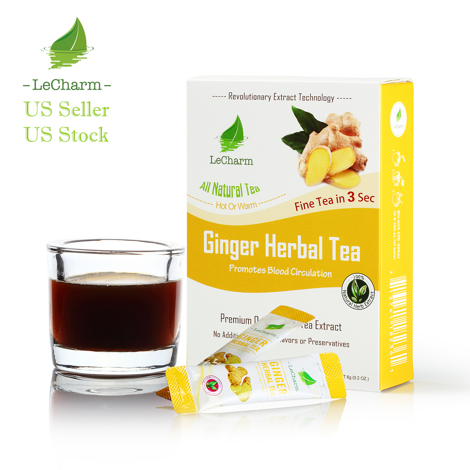LeCharm Premium 100% Natural Ginger Herbal Tea Sugar Free (10 Sachets)