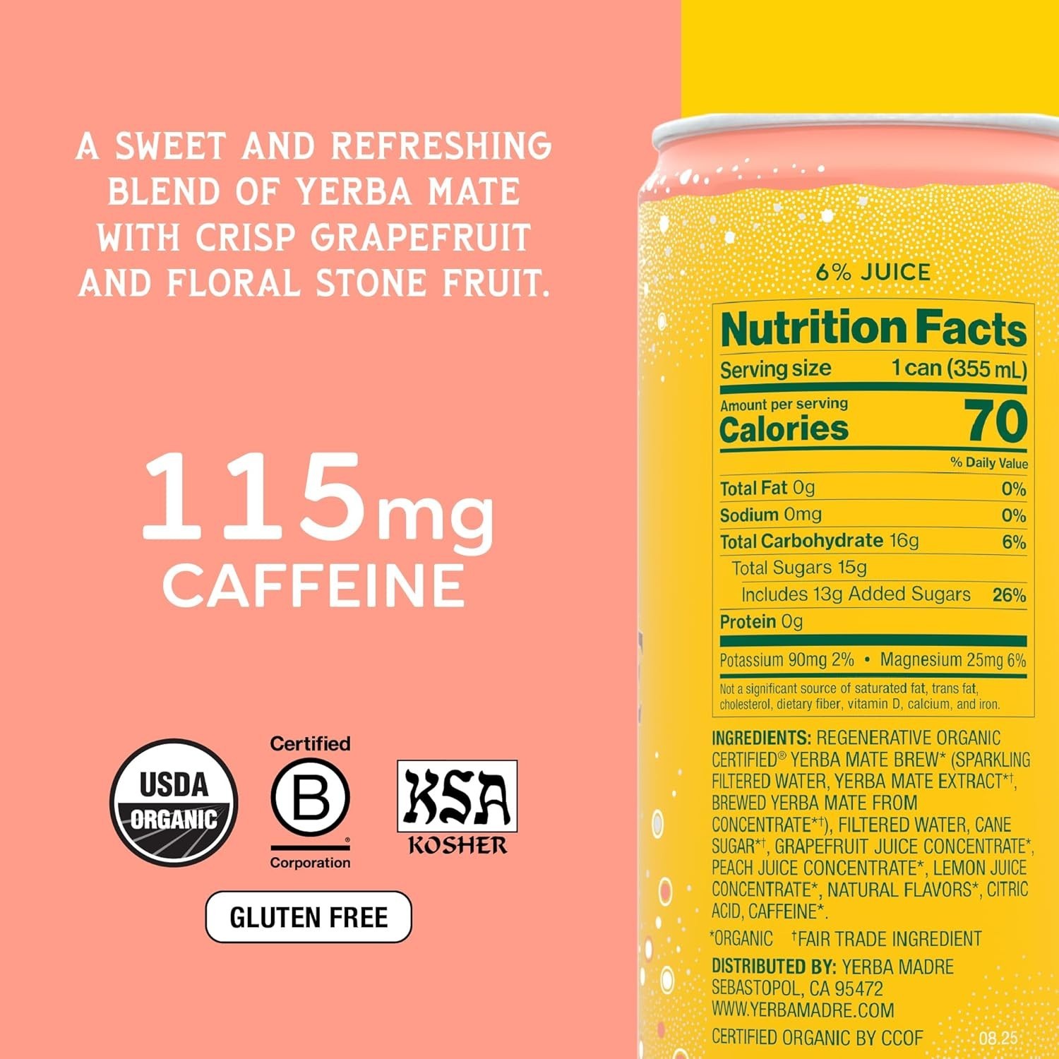 Yerba Madre Organic Sparkling Yerba Mate, Pink Grapefruit, 115Mg Natural Plant B
