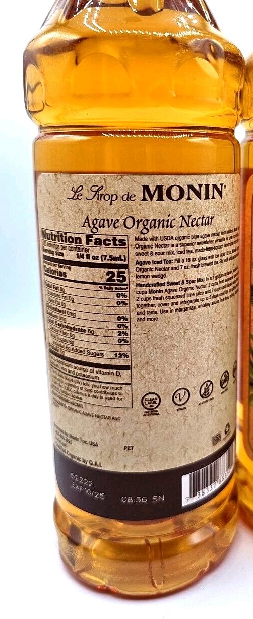 Monin Agave Nectar Organic Sweetener Syrup 1 Liter 33.8oz H-Organic