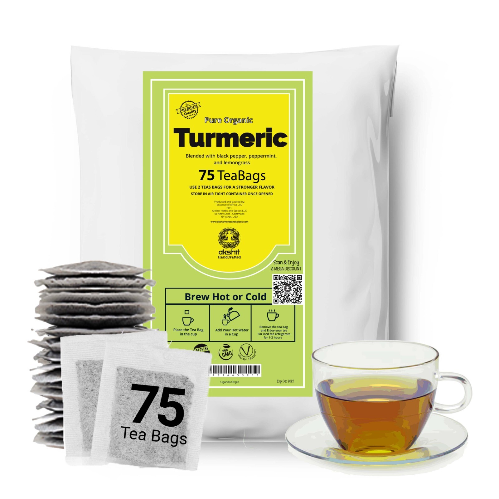 Organic Turmeric Herbal Tea Blend, Tumeric Tea, Te de Curcuma , 75 Tea Bags