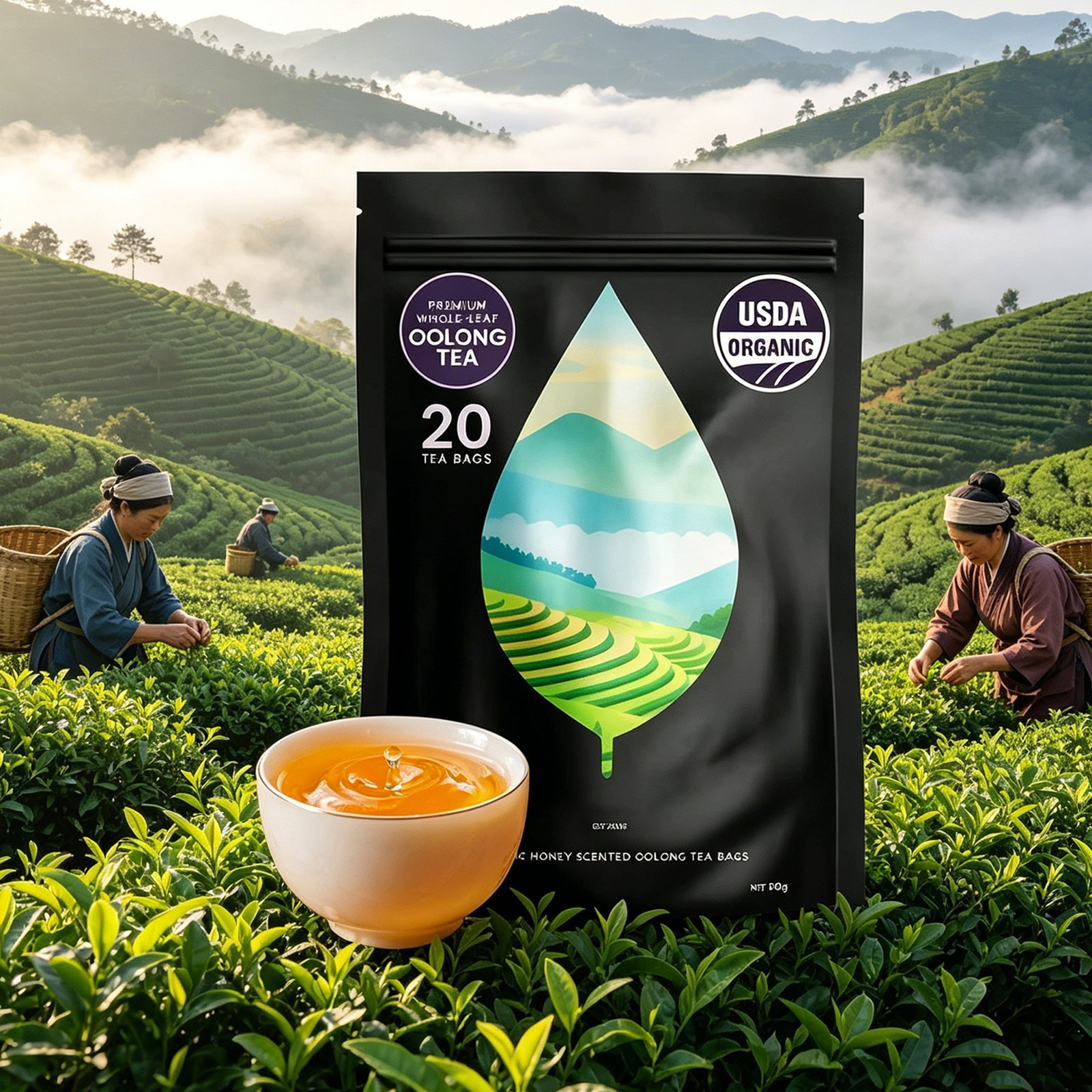 PiPi Tea Organic Oolong Tea Bags – Whole Leaf, 20 Bags (4g Each) – Cortisol &Ca1