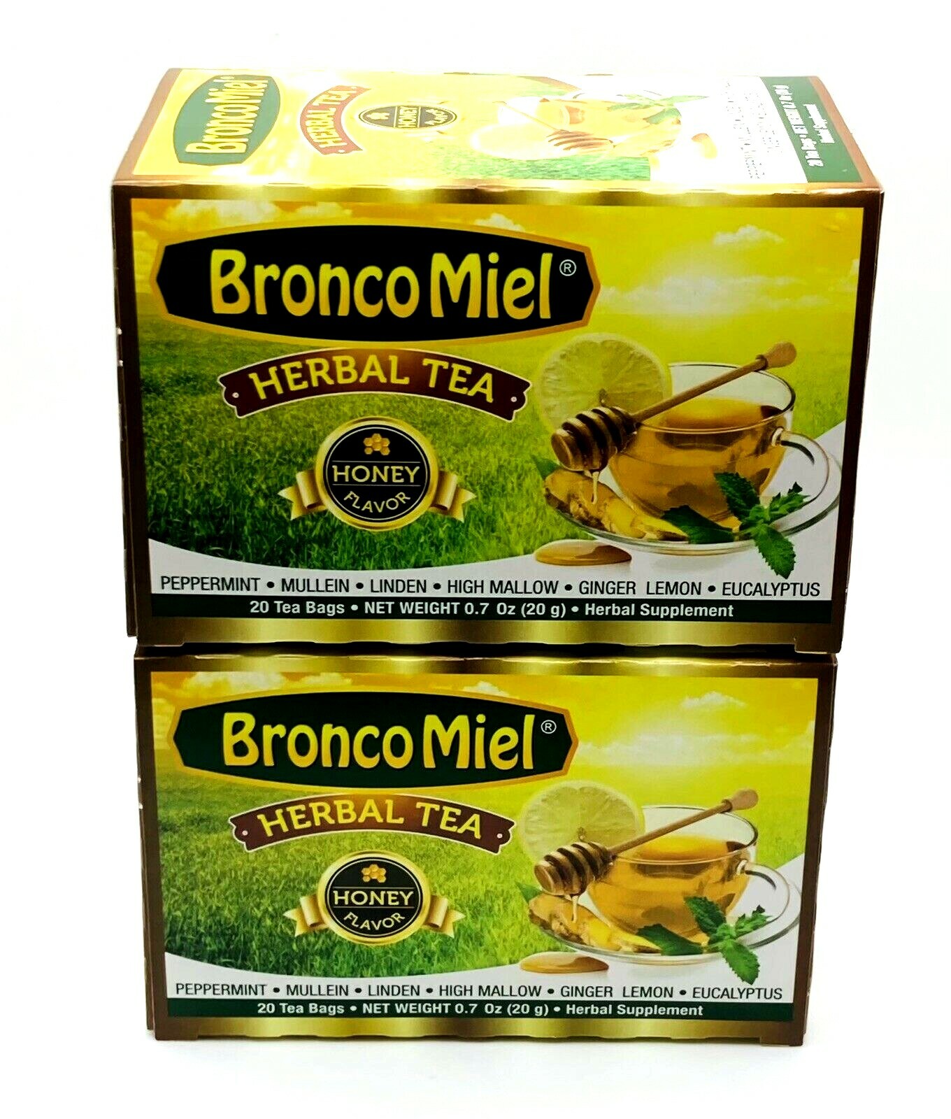 Bronco Miel Herbal Tea Honey Flavor 20 Bags Each – 2 Boxes Peppermint Eucalyptus