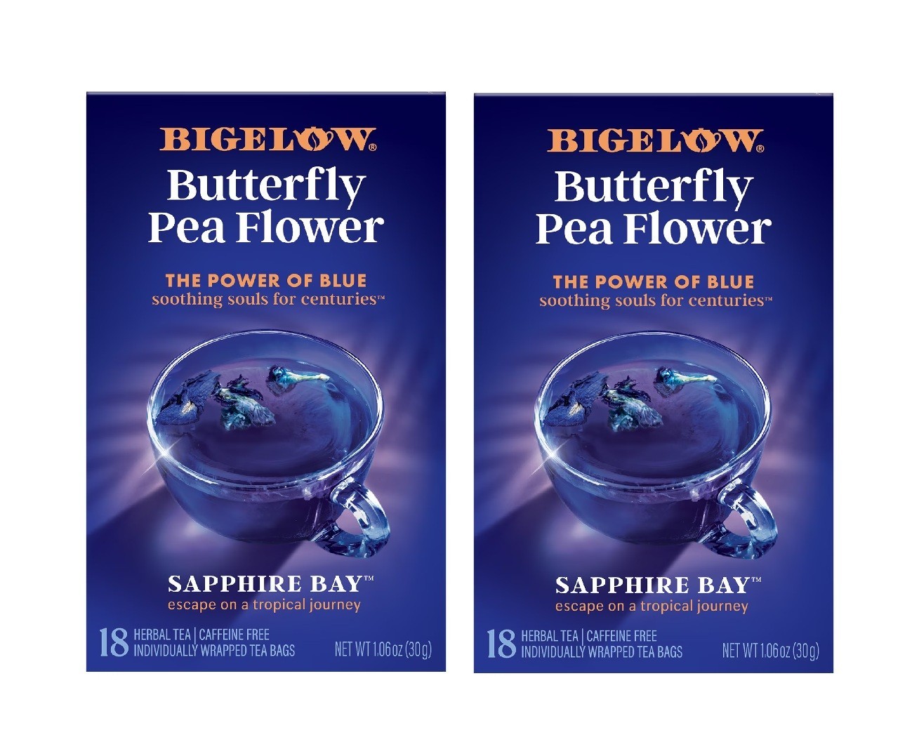 Bigelow Butterfly Pea Flower Sapphire Bay, Herbal Tea, Tea Bags, 18 Count 2 Pack