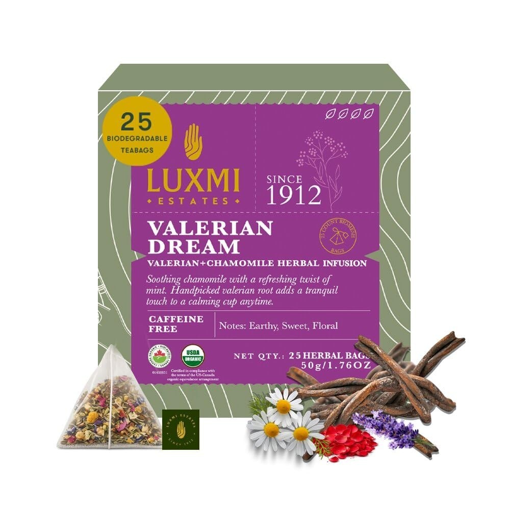 Organic Valerian & Chamomile Tea – 25 Caffeine-Free Pyramid Bags for Relaxation