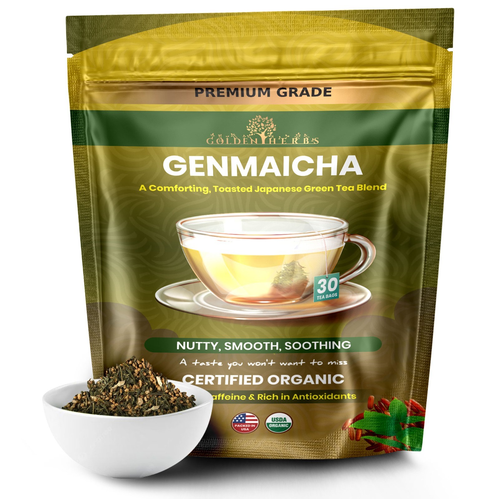 Golden Herbs Japanese Genmaicha Green Tea – Premium Roasted Brown Rice Blend