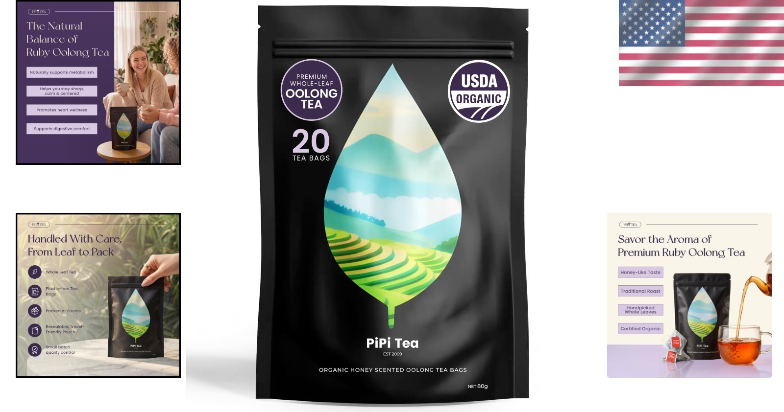 PiPi Tea Organic Oolong Bags – Whole Leaf, 20 (4g Each) 20