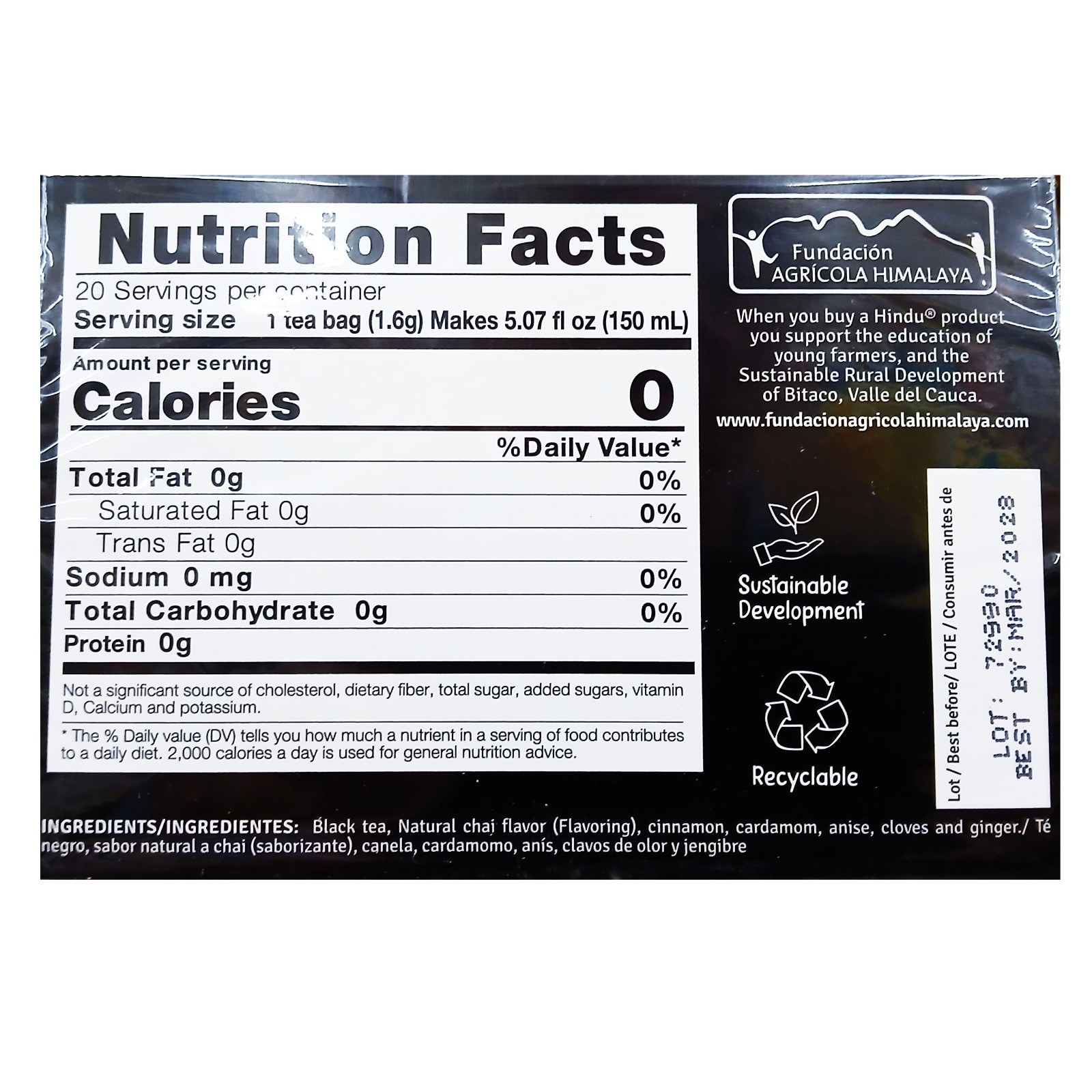 Hindu Black Tea Chai -Cinnamon-Anise-Cardamon-Clove-Ginger- 20 Bags (Pack of 2)