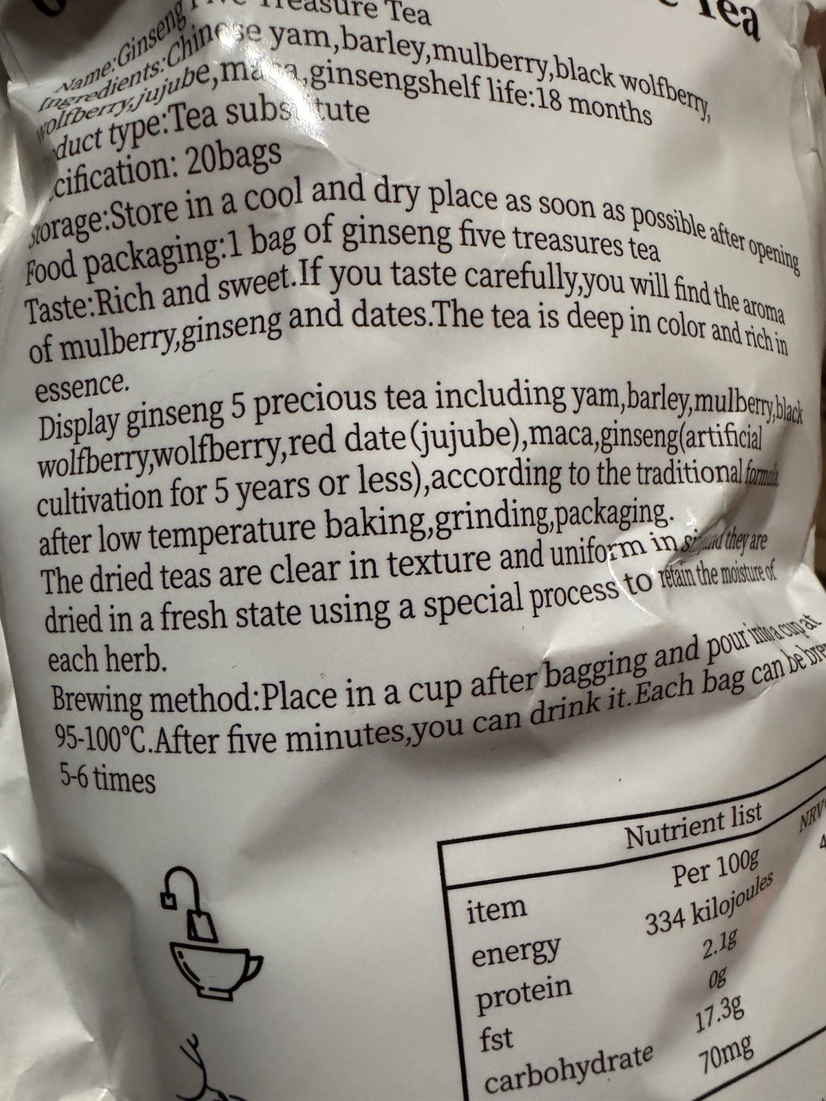 Ginseng Five Treasure Tea 20 Teabags Unopened New