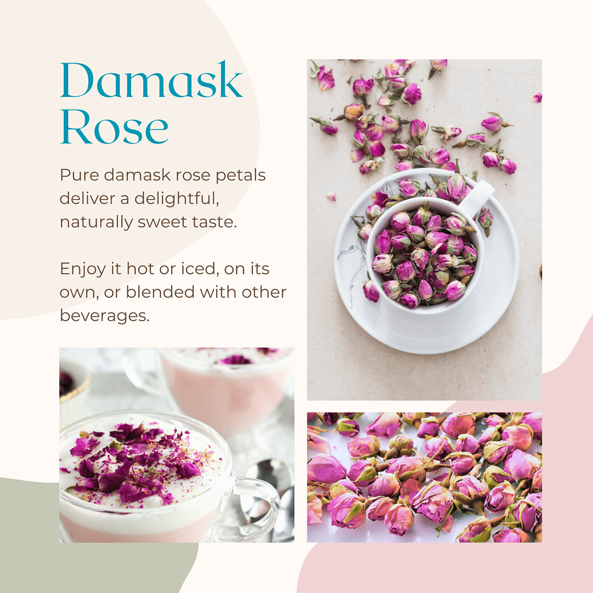 Organic Damask Rose Tea | 100% Natural Dried Rose Petals | Floral Herbal Infusio