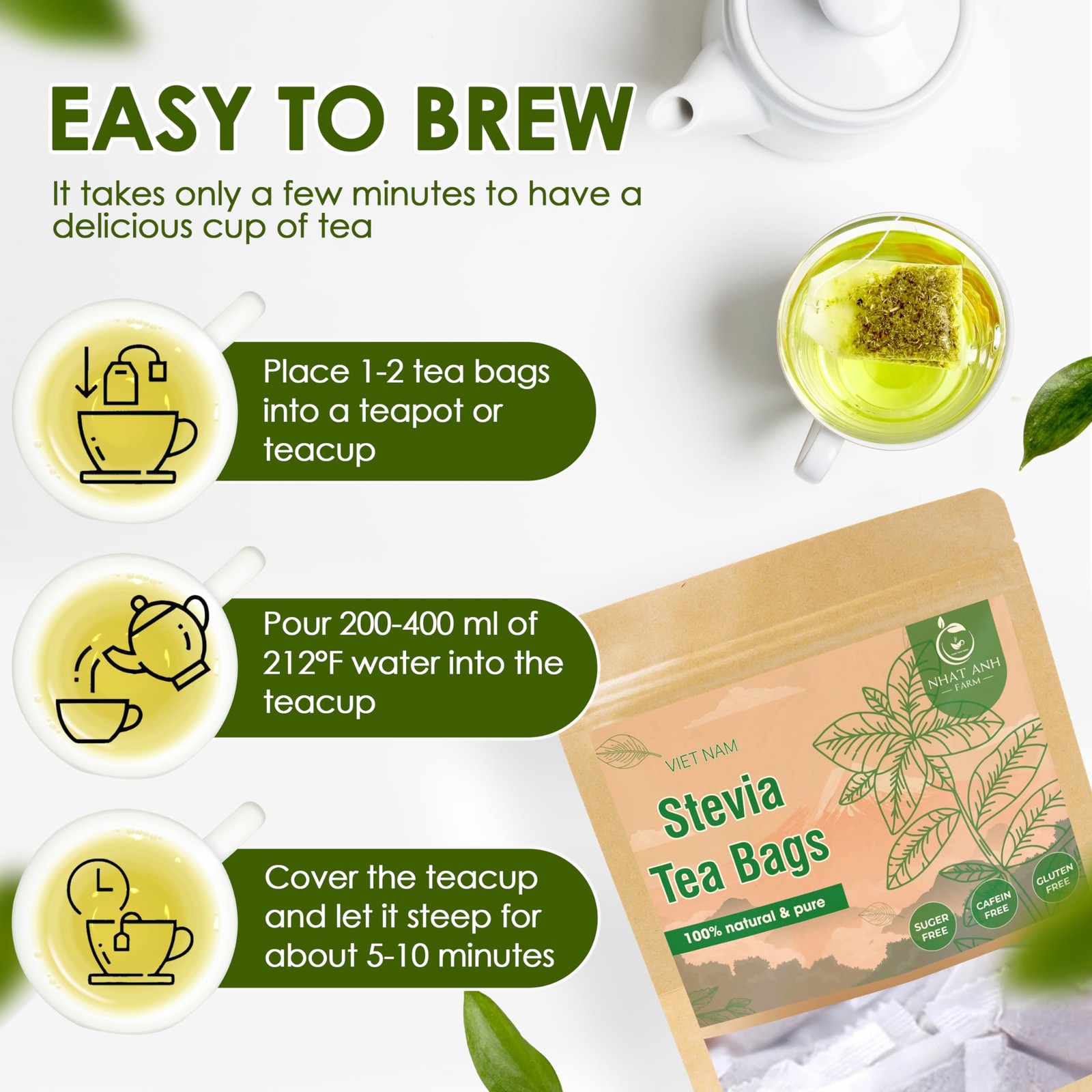 Premium Stevia Tea Bags – 40 Count, 100 Natural, Sugar-Free, Herbal Blend
