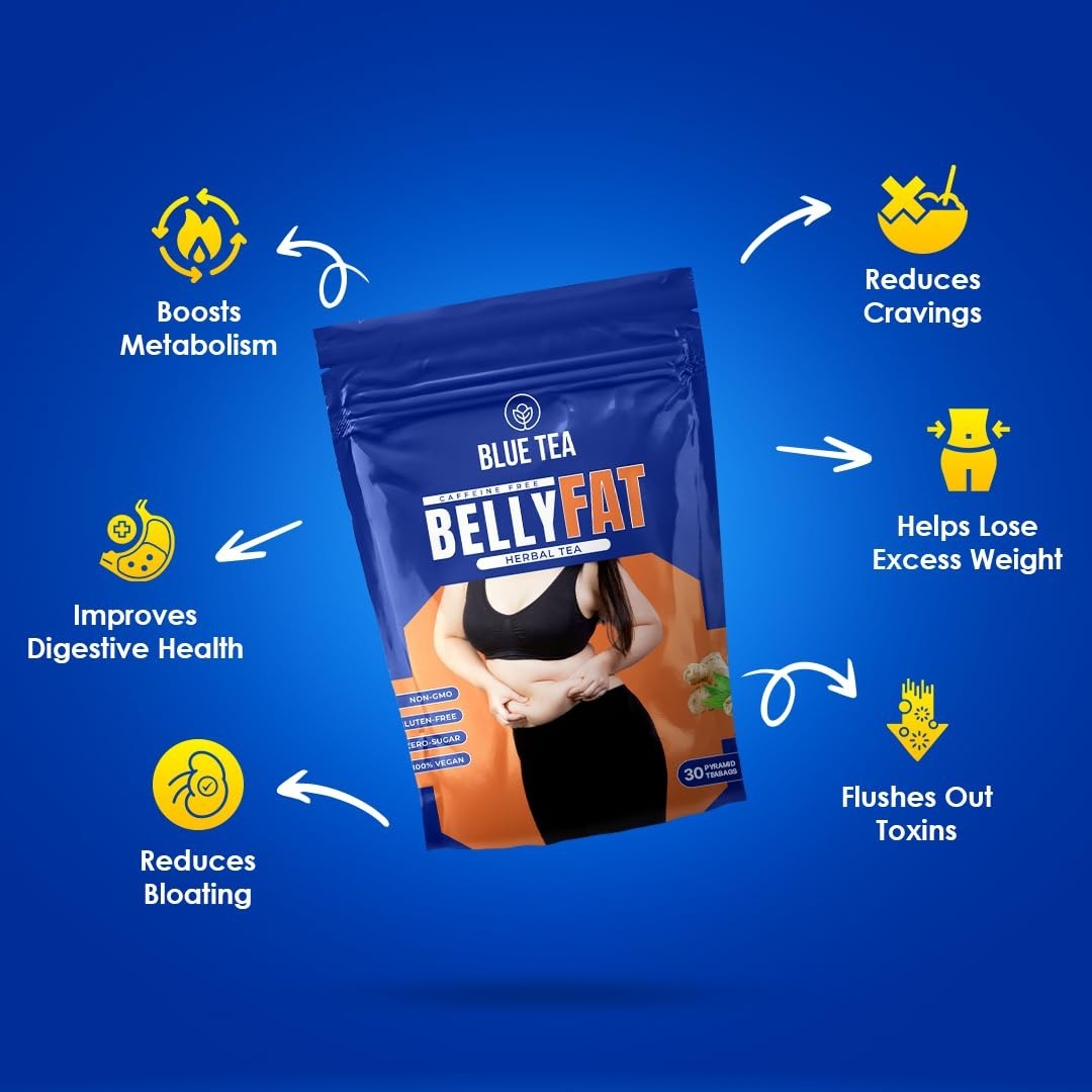 BLUE TEA Belly Fat 30 Tea Bags Pyramid Plant Based Caffeine Free Herbal Tea