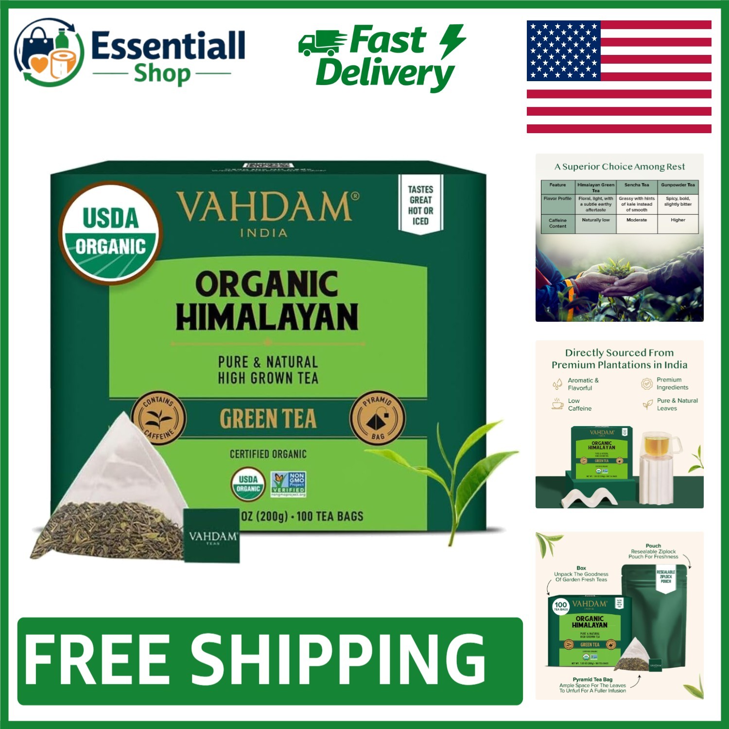 USDA Organic Himalayan Green Tea – 100 Count Pyramid Tea Bags, Low Caffeine