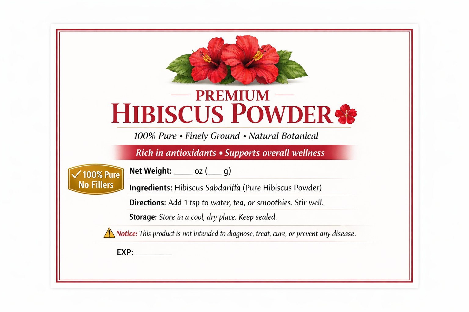 Organic Hibiscus Flower Powder – 1 lb – JML Premium Spice – Tea & Wellness