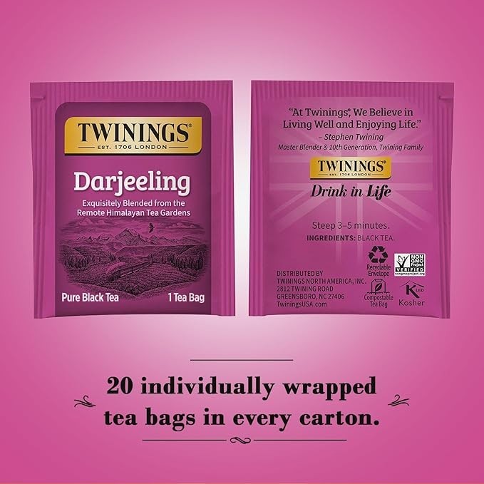 Twinings Darjeeling Black Tea Bags, Caffeinated, 20 Count, EXP: 8/13/27