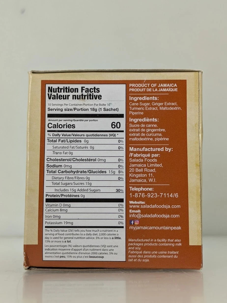 Jamaica Mountain Peak Ginger Turmeric Tea Keto Gluten-Free 20 Sachets Total