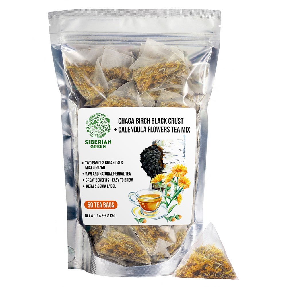 Chaga and Calendula Herbal Tea Caffeine Free Mushroom and Flower Tea 50 Bags