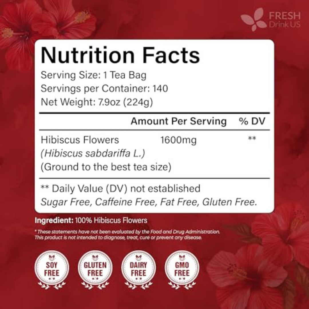 , Premium 140 Hibiscus Flowers Tea Bags, 100% Natural, Handmade & Pure from Hibi