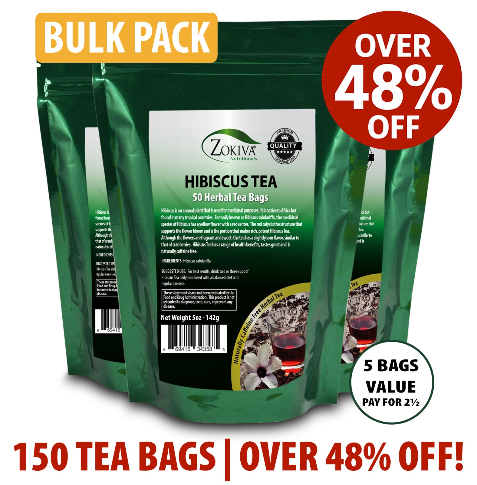 Zokiva Hibiscus Tea 150 Bags (3-Pack) | Herbal Caffeine-Free | Over 48% Off Bulk