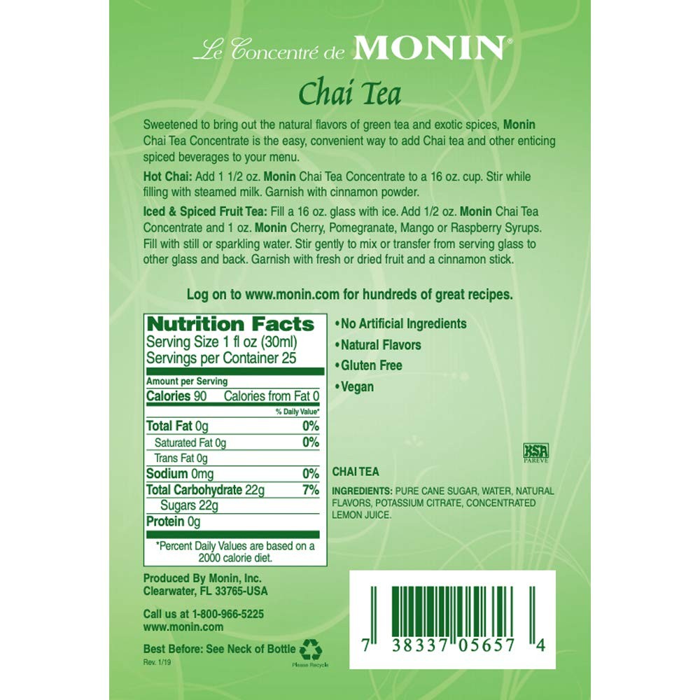 Chai Tea Concentrate Spiced Green Flavor NonGMO GlutenFree Drink Mix 750 Ml