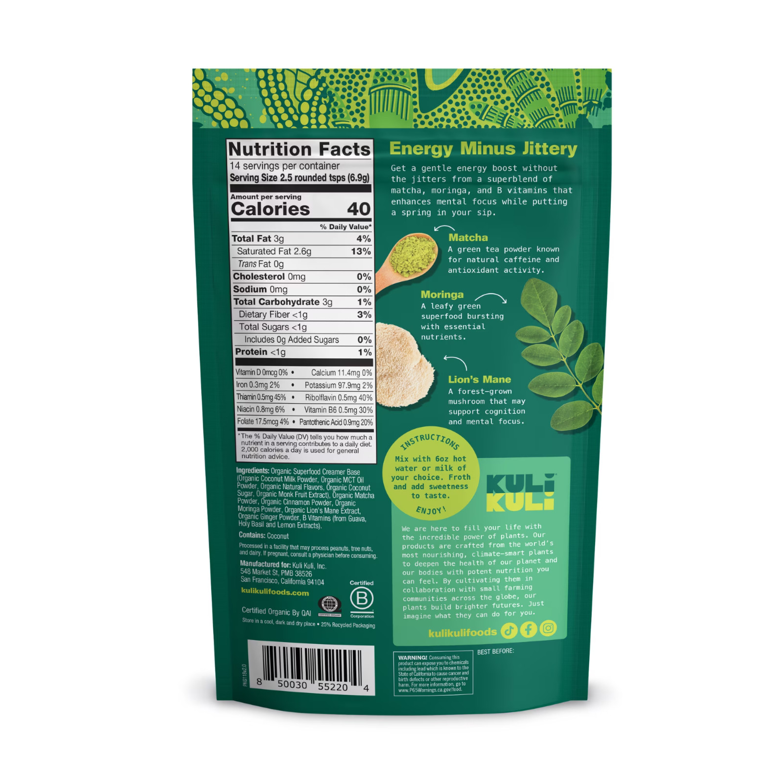Kuli Kuli Organic Matcha Moringa Superfood Latte Lion’s Mane 3.41 oz