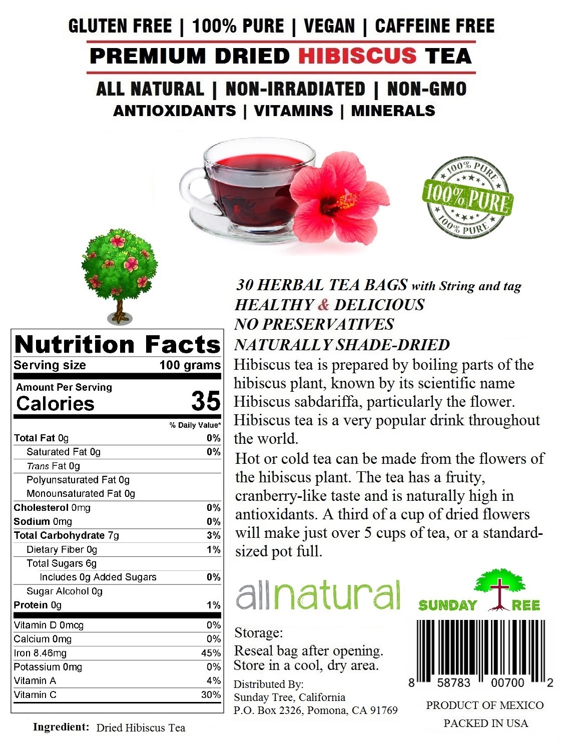 Hibiscus Tea 30 Bags 100% Natural Premium Antioxidant Rich Tea Resealable Pouch