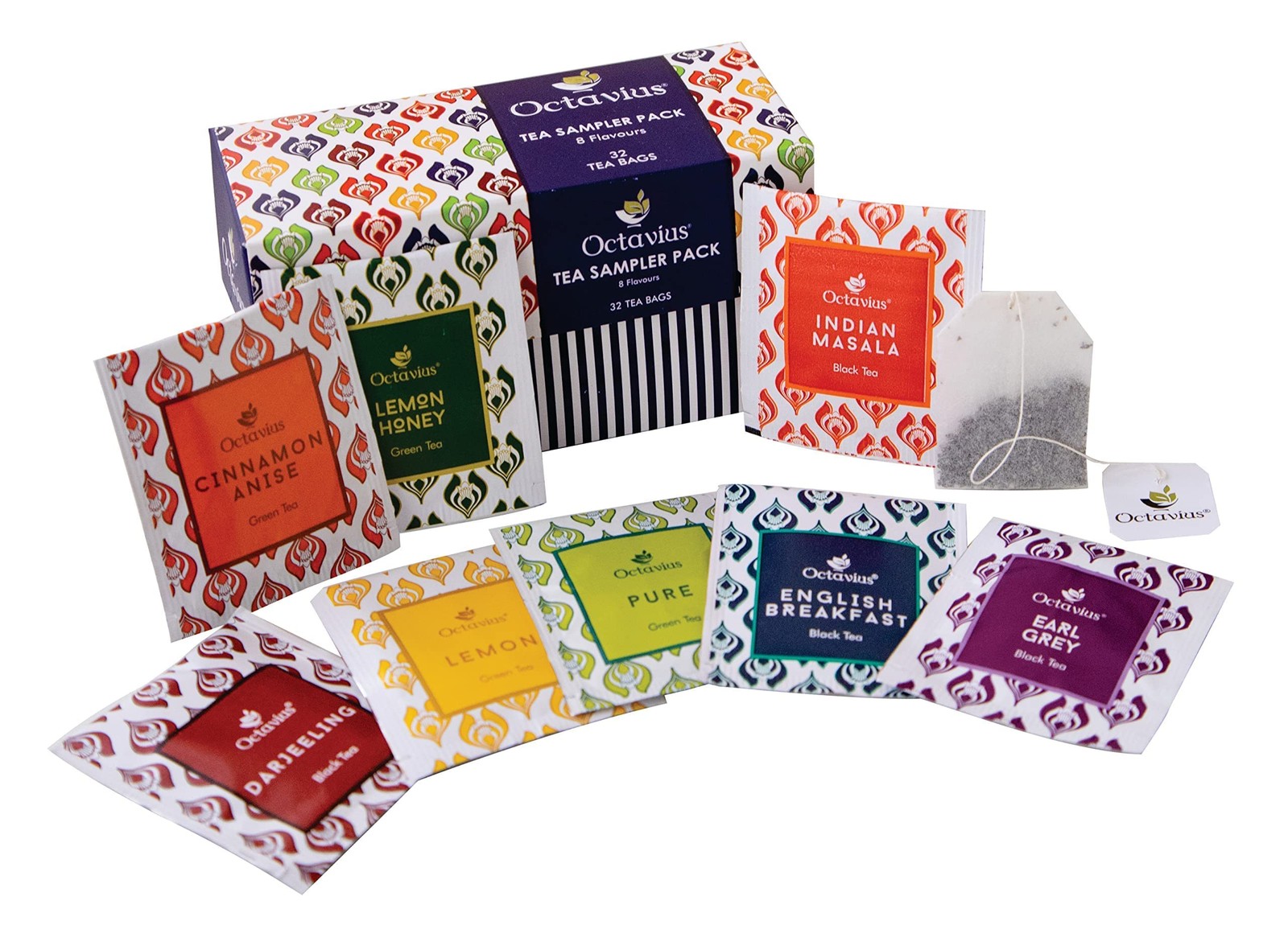 Octavius Tea Sampler Pack Assorted Black Green 32 Bags